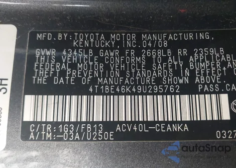 2009 Toyota Camry Le from USA, damaged, VIN 4T1BE46K49U295762